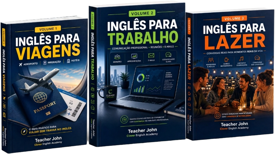 Capas dos três e-books da Trilogia de Inglês: Viagens, Trabalho e Lazer